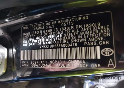 2014 Toyota Yaris Le (Tmmf Plant) из США, поврежденный, VIN VNKKTUD38EA000476